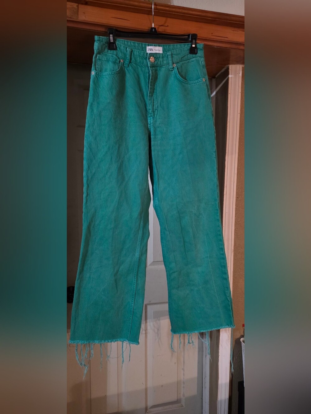 Zara High-Waisted Wide-Leg Raw Hem Jeans Wide Leg Jeans in Green